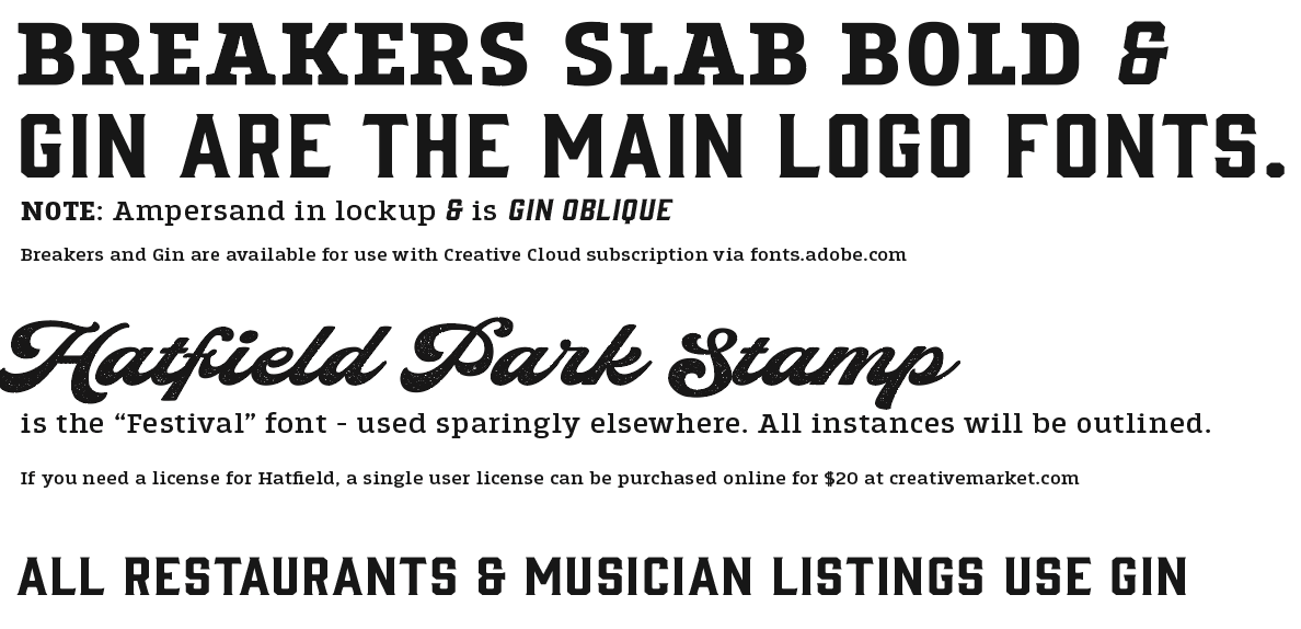 True North font spec — Breakers Slab Bold, Gin, Hatfield Park Stamp, restaurant and musician listings